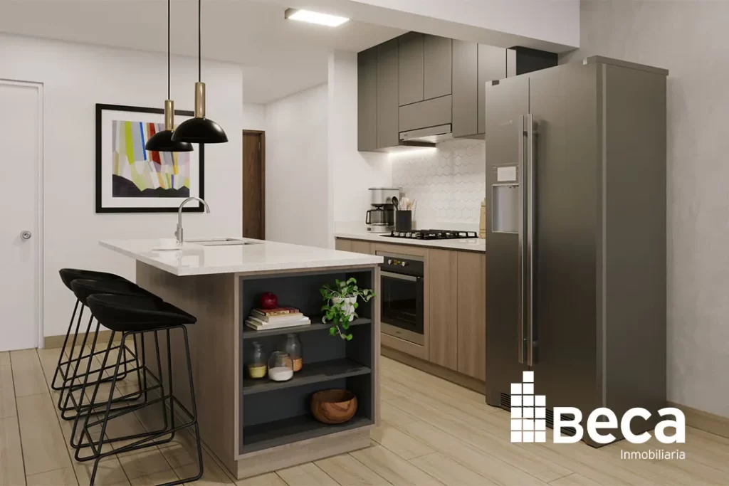 Cocina abierta y acabados que destacan en Departamentos Nuevos