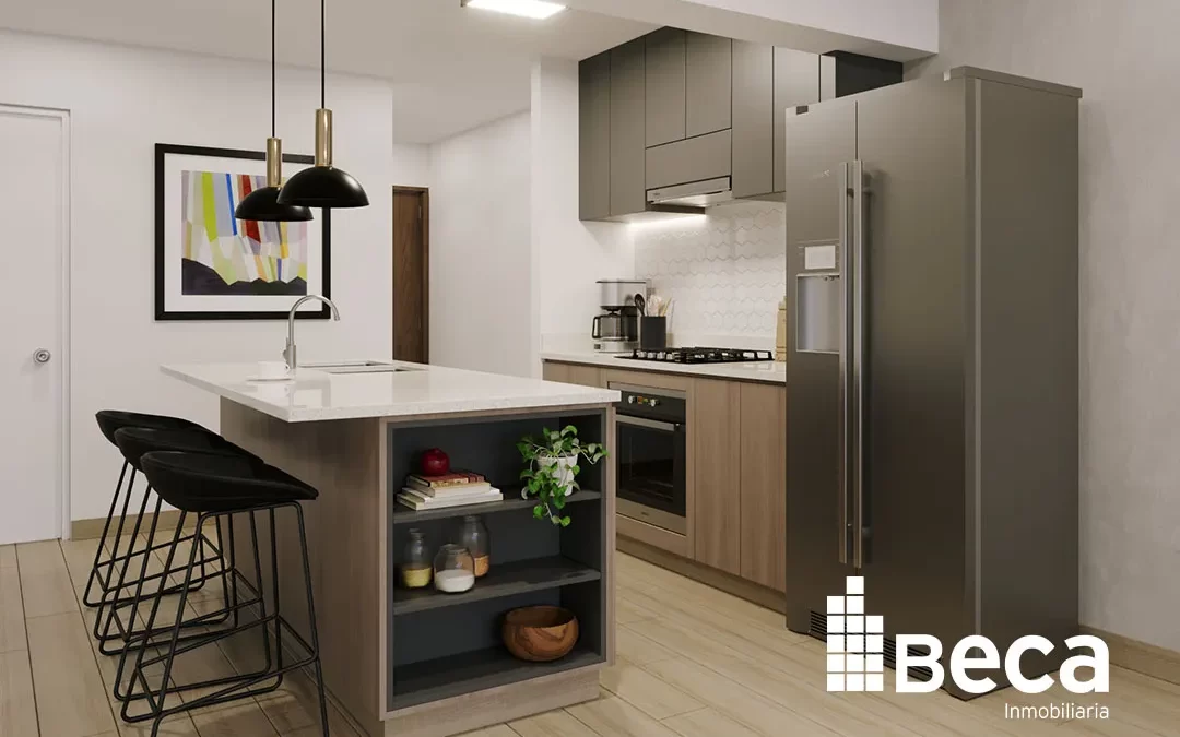 Cocina abierta y acabados que destacan en Departamentos Nuevos