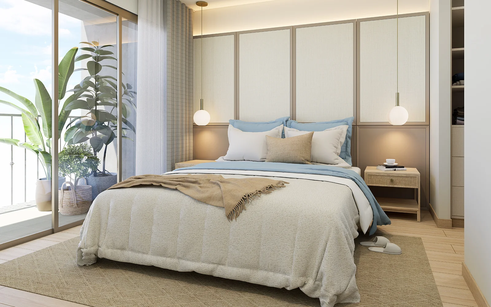 Render del cuarto individual amoblado y vista a la terraza