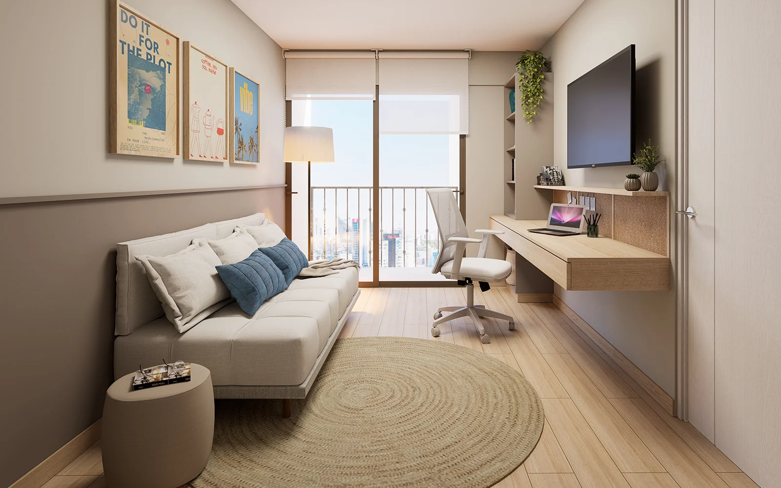Render de la sala del proyecto ancora con vista a la terraza individual